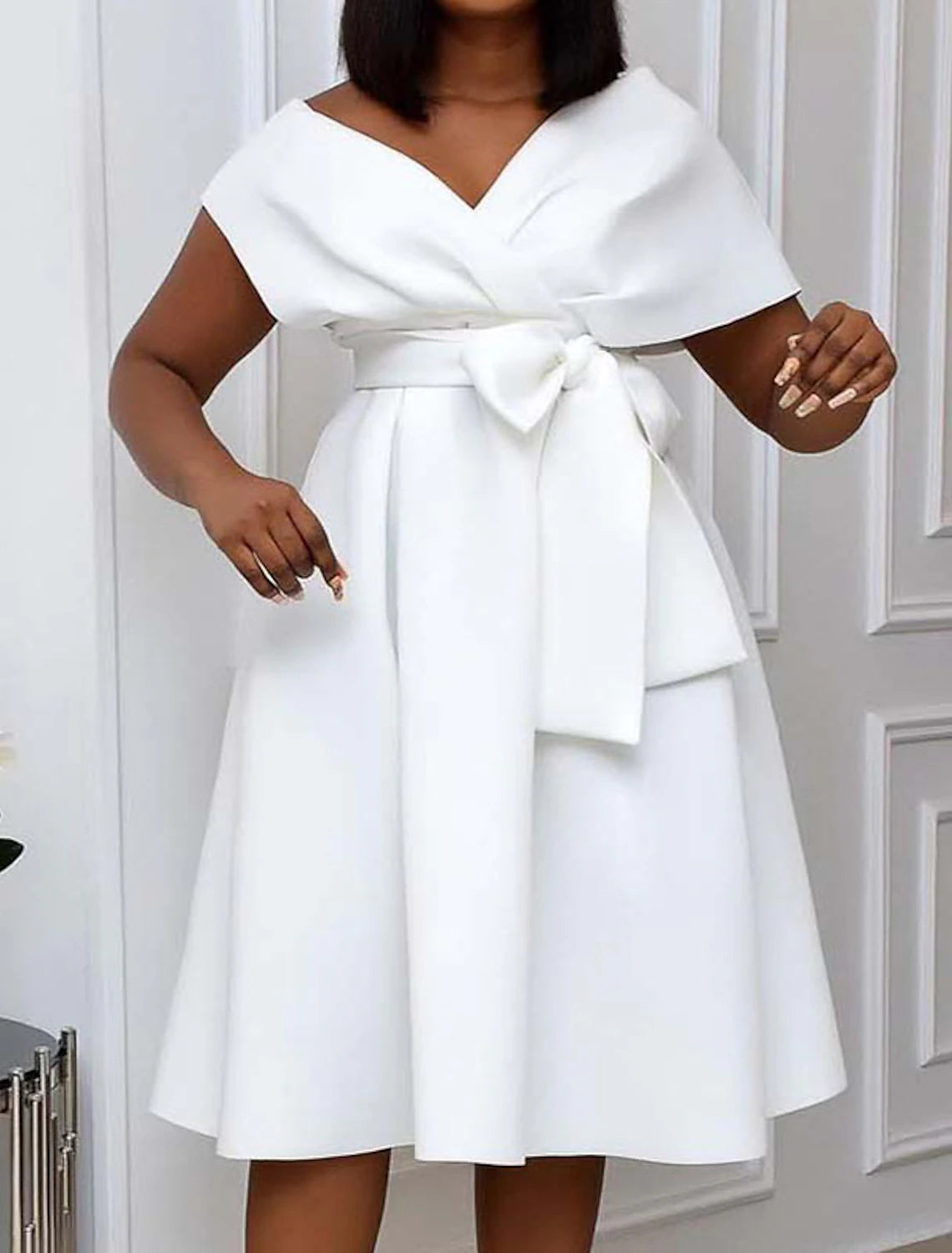 Wholesale Women's Little Black Dress Cocktail Dress Plus Size Curve Party Dress Solid Color V Neck Short Sleeve Spring Fall Formal Prom Dress Knee Length Dress Party Dress / Party Dress